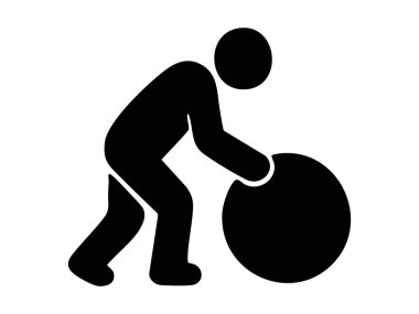 Black silhouette of person pushing large circle object, isolated on white background. concept of labor, manual work, strength, exercise, icon, design element, effort.