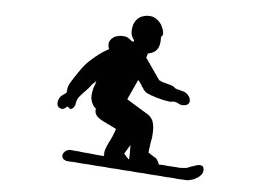 Beyaz arka planda izole edilmiş siyah snowboardcu silueti numara yapıyor. Kar sporu konsepti, kış aktivitesi, ekstrem spor, ikon, logo, dinamik hareket, dublör..