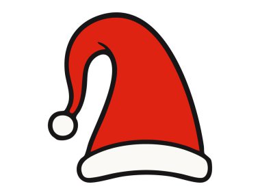 Siyah çizgili kırmızı Noel Baba şapkası illüstrasyonu, bayram giyimi, mevsimsel kutlamalar için Noel dekorasyonu konsepti, beyaz arka planda izole edilmiş, kış şenlik ikonları için ideal..