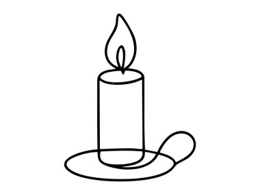 Beyaz arka planda izole edilmiş, dairesel bir zeminde yanan bir mumun basit siyah çizgisi. Noel konsepti, tatil dekorasyonu, sıcaklık, barışçıl ortam, ikon, tasarım unsuru..