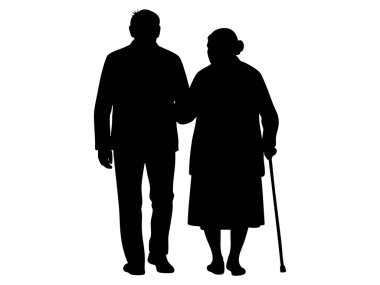 Beyaz arka planda soyutlanmış bastonlu yaşlı bir çiftin siyah silueti. Kıdemli destek konsepti, arkadaşlık, yaşlanma, aşk, birliktelik, tasarım unsuru.