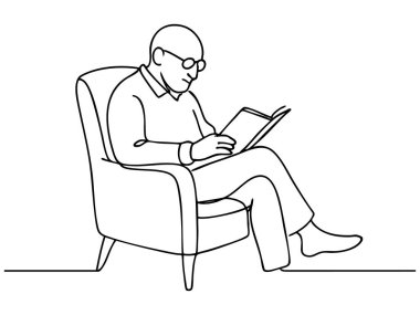 Koltukta kitap okuyan bir adamın siyah çizgisi, beyaz arka planda sürekli tek çizgi çizimi. Rahatlama, okuma, minimalizm, illüstrasyon, tasarım elementi kavramı.