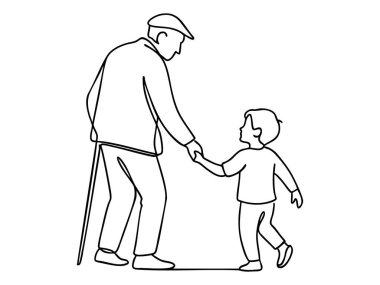 Siyah çizgili, bastonlu yaşlı bir adam ve el ele tutuşan küçük bir çocuk, sürekli bir çizgi çiziyor. Aile bağı kavramı, nesiller boyu sevgi, destek, minimalist sanat.
