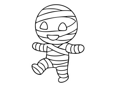 Şakacı poz veren sevimli mumya karakteri, beyaz arka planda özet çizilmiş. Cadılar Bayramı konsepti, ürkütücü figür, oyuncu kostüm, eğlenceli tasarım, çocukların çizimi, soyutlanmış karakter.