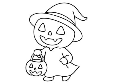 Cadılar Bayramı kostümü giymiş, içinde balkabağı çantalı, cadı şapkalı, resimli siyah bir çocuk tasviri. Cadılar bayramı konsepti, şaka mı şeker mi, ürkütücü, şenlikli kostüm, ikon, tasarım elementi.