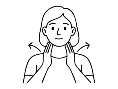 Black and white illustration of woman practicing neck massage with arrow directions, isolated on white background. concept of relaxation, self-care, wellness, muscle relief, health routine.