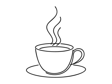 Minimalist kahve fincanı sürekli bir çizgi çizer, buharlı sıcak içeceğin siyah beyaz çizimi. Basit sanat konsepti, rahatlama, kahve molası, kafe atmosferi, beyaz arka planda izole edilmiş..