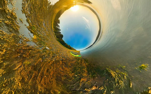 Kayak on river coast. Stereographic panorama, little planet — Stock Photo, Image