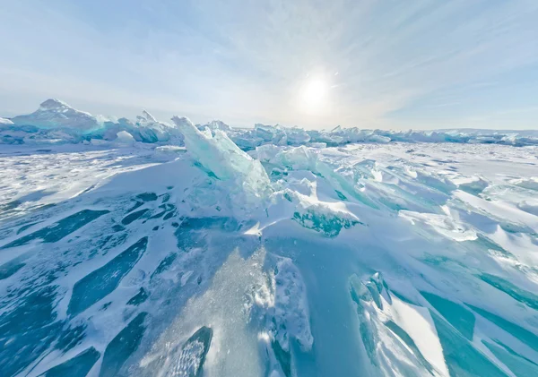 Синій льоду тороси Байкал stereographic Панорама, Listvyanka — стокове фото