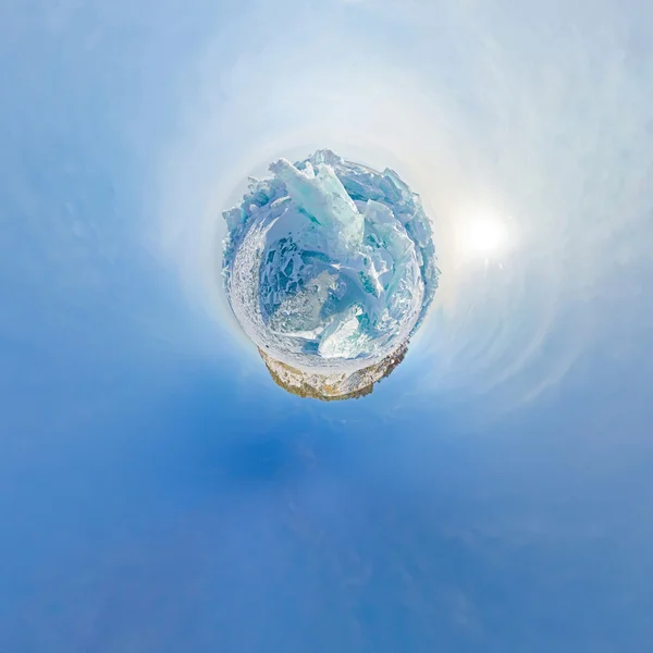 Blue ice hummocks Baikal stereographic panorama, Listvyanka — Stock Photo, Image
