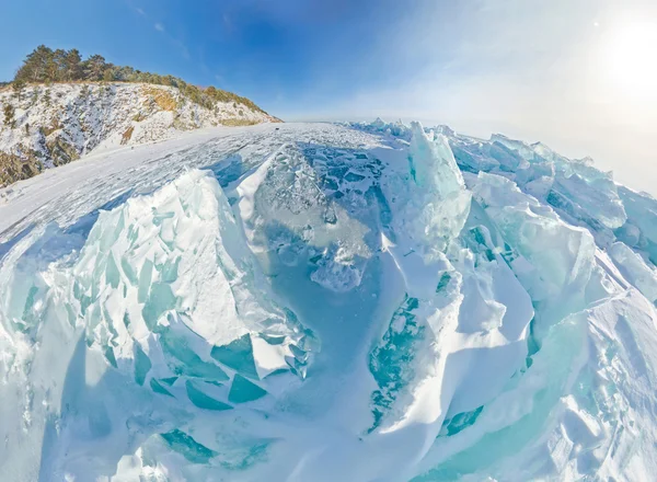 Blue ice hummocks Baikal stereographic panorama, Listvyanka — Stock Photo, Image