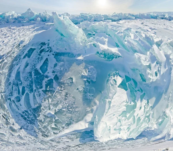 Blue ice hummocks Baikal stereographic panorama, Listvyanka Royalty Free Stock Images
