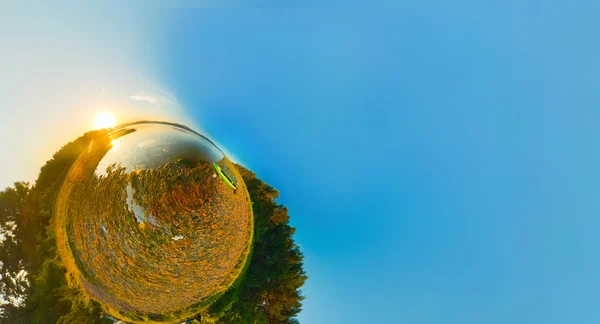 Kayak on river coast. Stereographic panorama, little planet — Stock Photo, Image