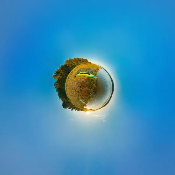 Kayak on river coast. Stereographic panorama, little planet — Stock Photo, Image