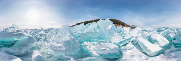 Baykal Gölü buz, panorama 360 derece equirectang, Tepecik — Stok fotoğraf