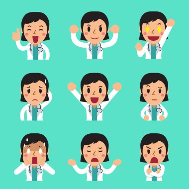Çizgi film kadın doktor gösteren farklı duygular yüzler