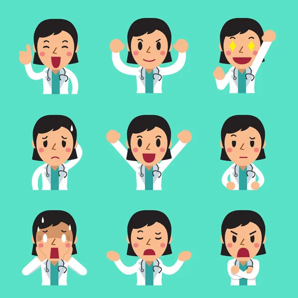 Dibujos animados rostros médicos femeninos mostrando diferentes emociones — Archivo Imágenes Vectoriales