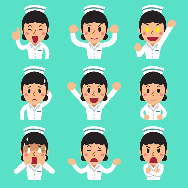 Desenhos animados enfermeira enfrenta mostrando emoções diferentes — Vetor de Stock
