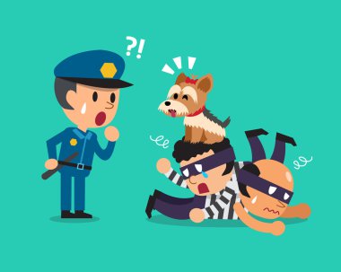 Cartoon cute dog helping policeman to catch thieves clipart