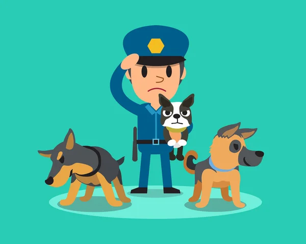 Мультфильм охранник полицейский с полицейскими сторожевыми собаками — стоковый вектор