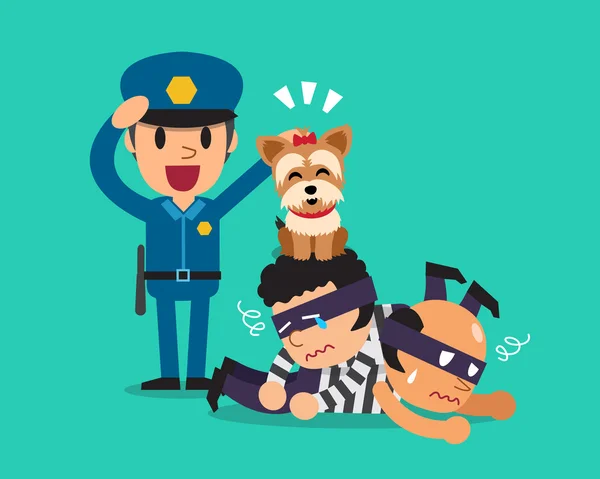 Cartoon a cute dog helping policeman to catch thieves — Stock Vector