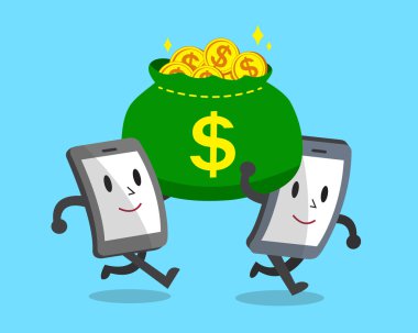 Büyük para çantası taşıyan karikatür akıllı telefonlar