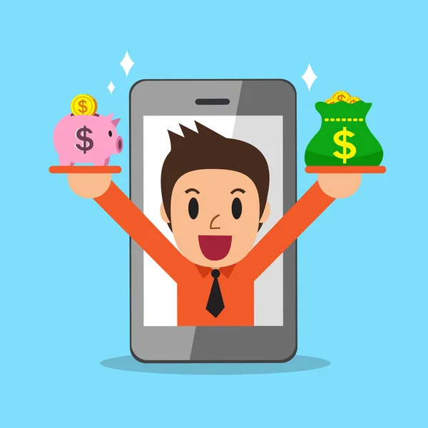 Dessin animé d'un homme d'affaires gagnant de l'argent avec un smartphone — Image vectorielle