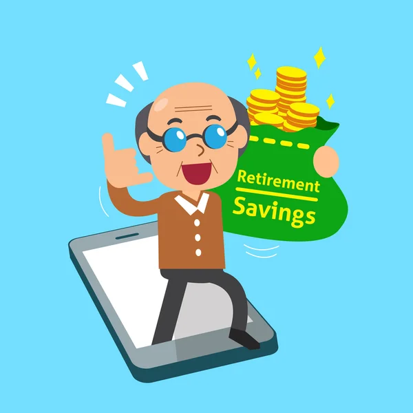 Cartoon senior man earning money with smartphone — Stock Vector