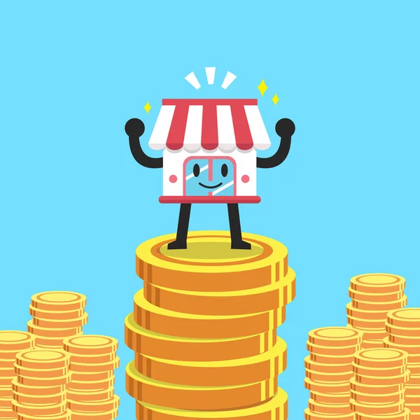 Personagem de loja de negócios de desenhos animados com pilhas de dinheiro —  Vetores de Stock