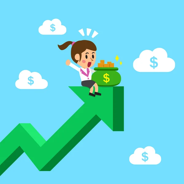 Empresária de desenhos animados com saco de dinheiro na seta verde — Vetor de Stock