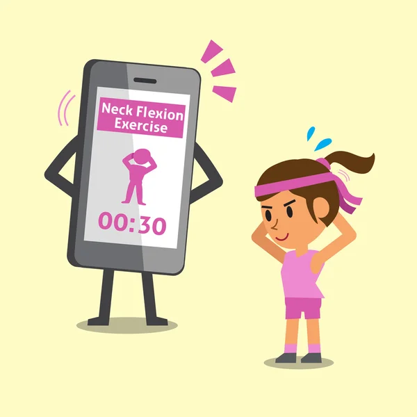 Smartphone de dibujos animados ayudar a la mujer a hacer ejercicio de flexión del cuello — Vector de stock