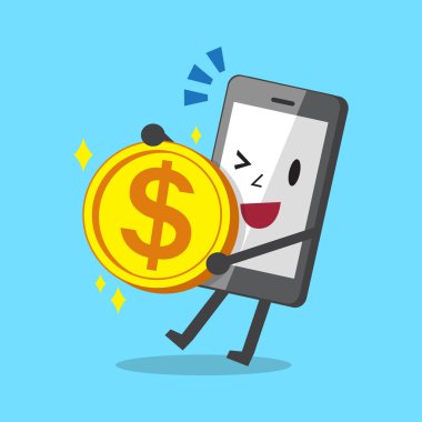 İş kavramı çizgi film smartphone karakteri ve madeni para