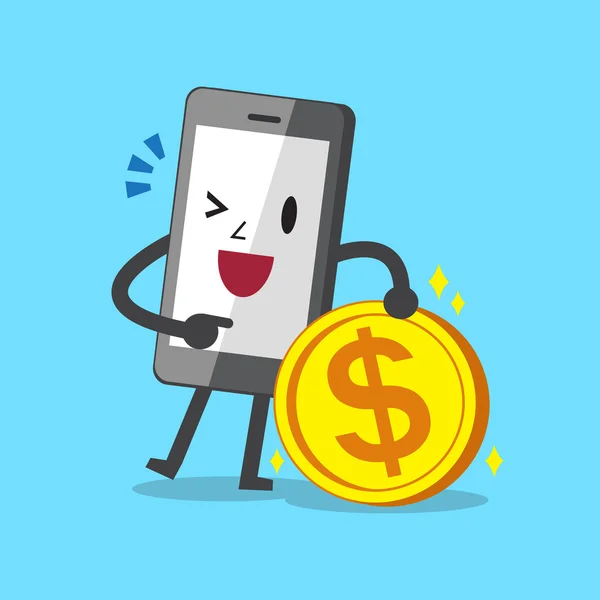 Conceito de negócio desenho animado smartphone personagem e dinheiro moeda —  Vetores de Stock