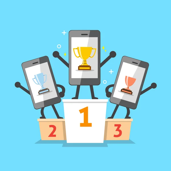 Cartoon smartphone winners standing on podium with trophies — Stock Vector