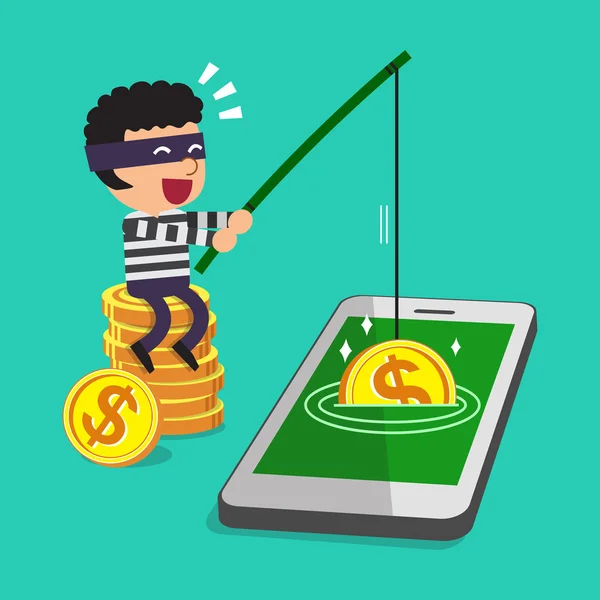 Ladrón de dibujos animados robando dinero desde el teléfono inteligente — Vector de stock
