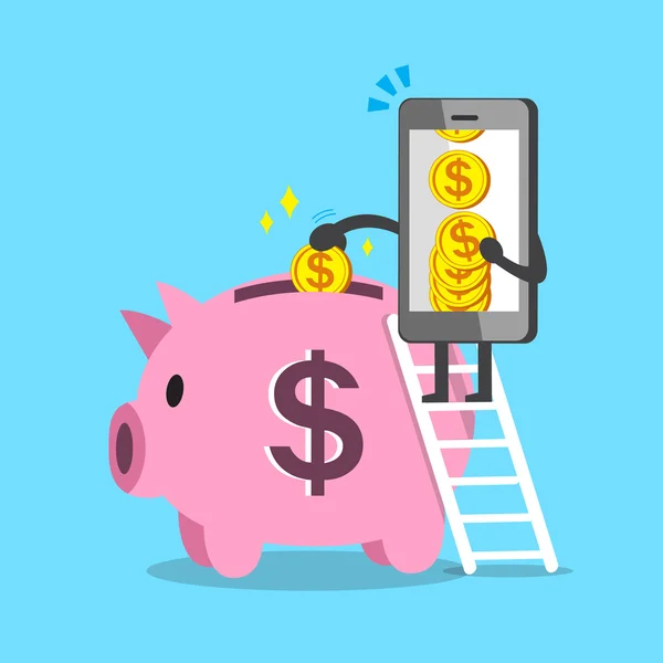Dessin animé smartphone déposer de l'argent en rose cochon — Image vectorielle