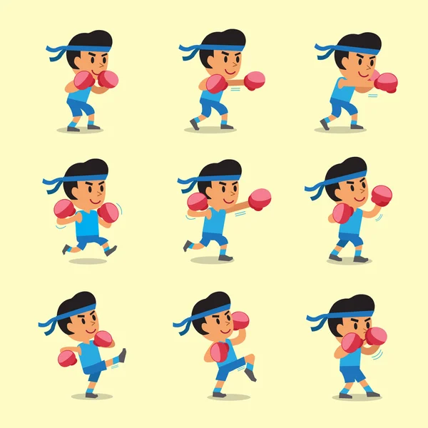 Cartoon set of man doing kickboxing workout — Stock Vector