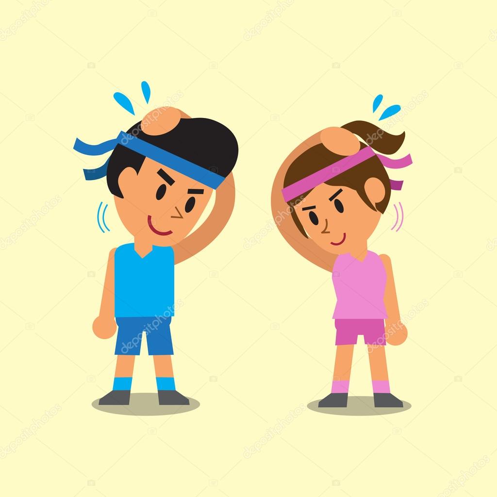 Cartoon Man And Woman Doing Neck Side Bend Stretch Exercise Stock ...