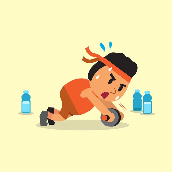 Dibujos animados hombre gordo haciendo ab rueda despliegue ejercicio — Vector de stock