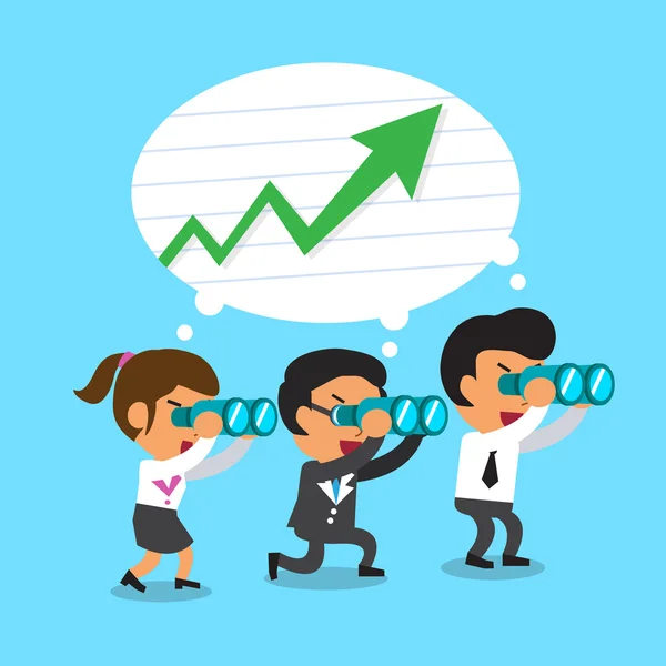 Cartoon business team look for green arrow chart — Stock Vector