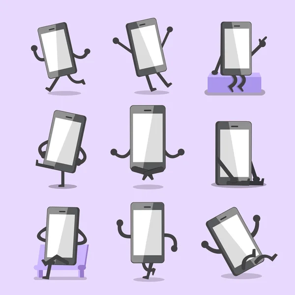 Desenhos animados personagem smartphone poses —  Vetores de Stock