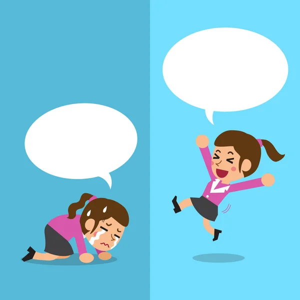 Cartoon business woman expressing different emotions with white speech bubbles — стоковый вектор