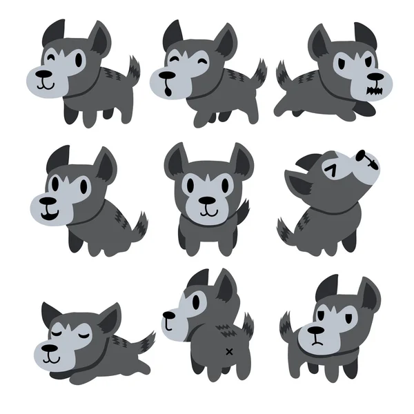 Desenhos animados personagem cinza cão poses —  Vetores de Stock