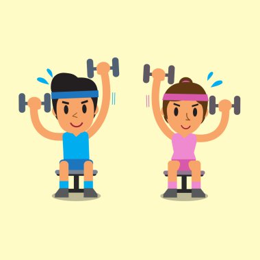 Çizgi film erkek ve kadın alternatif oturmuş dumbbell press egzersiz yaparak