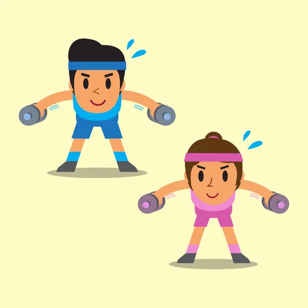 Dibujos animados hombre y mujer haciendo dumbbell doblado sobre ejercicio de elevación lateral — Vector de stock