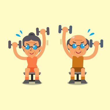 Çizgi film üst düzey erkek ve kadın alternatif oturmuş dumbbell press egzersiz yaparak