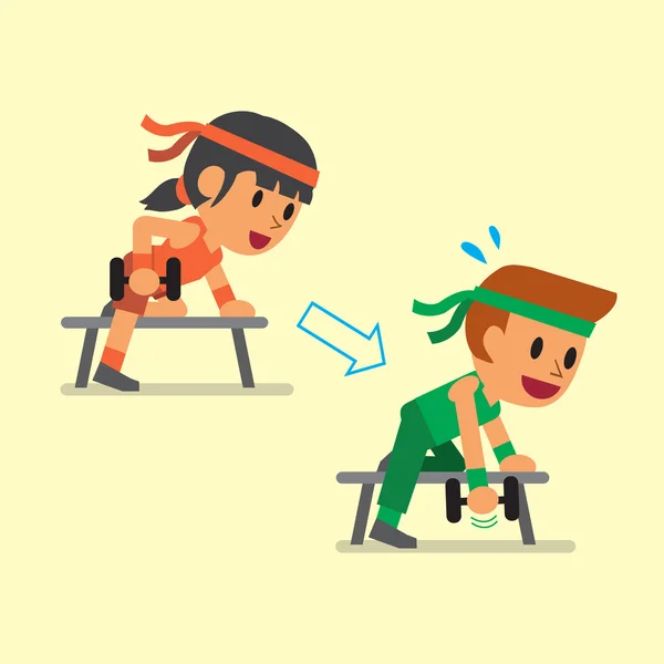 Cartoon man and woman doing dumbbell row exercise step training — Stock Vector