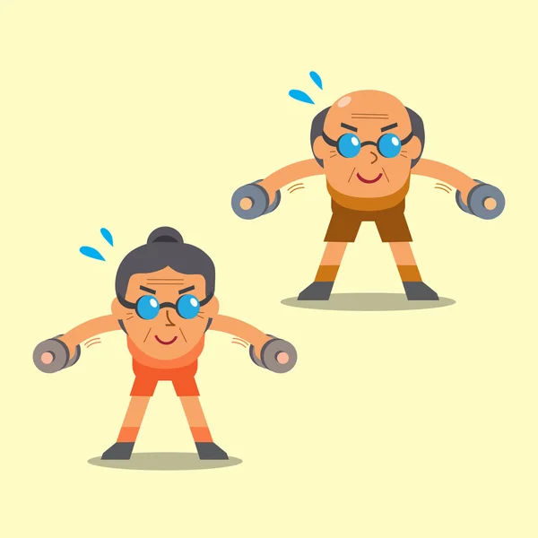 Dibujos animados senior hombre y mujer haciendo dumbbell doblado sobre lateral levantar ejercicio — Archivo Imágenes Vectoriales