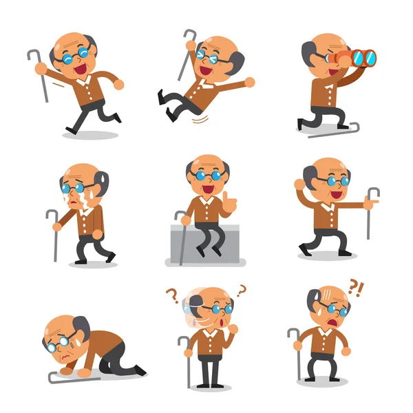 Cartoon old man character poses — Stock Vector