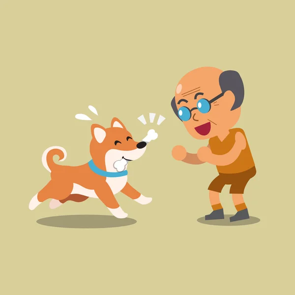 Cartone animato un uomo anziano che gioca con il suo cane shiba inu — Vettoriale Stock